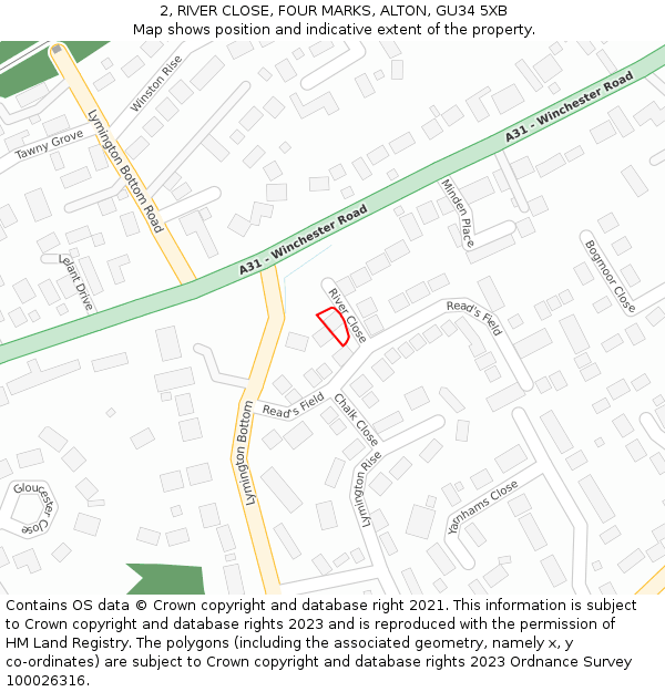 2, RIVER CLOSE, FOUR MARKS, ALTON, GU34 5XB: Location map and indicative extent of plot