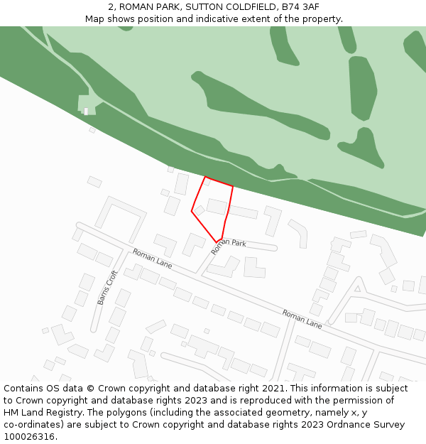2, ROMAN PARK, SUTTON COLDFIELD, B74 3AF: Location map and indicative extent of plot
