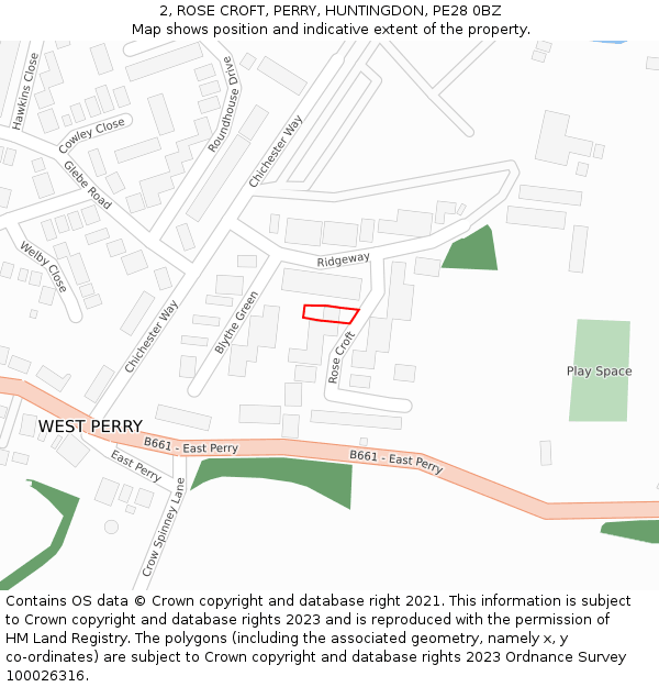 2, ROSE CROFT, PERRY, HUNTINGDON, PE28 0BZ: Location map and indicative extent of plot