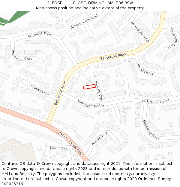 2, ROSE HILL CLOSE, BIRMINGHAM, B36 9SW: Location map and indicative extent of plot