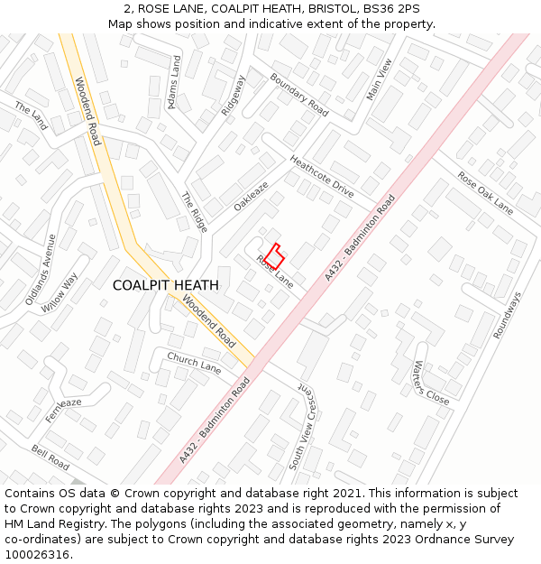 2, ROSE LANE, COALPIT HEATH, BRISTOL, BS36 2PS: Location map and indicative extent of plot