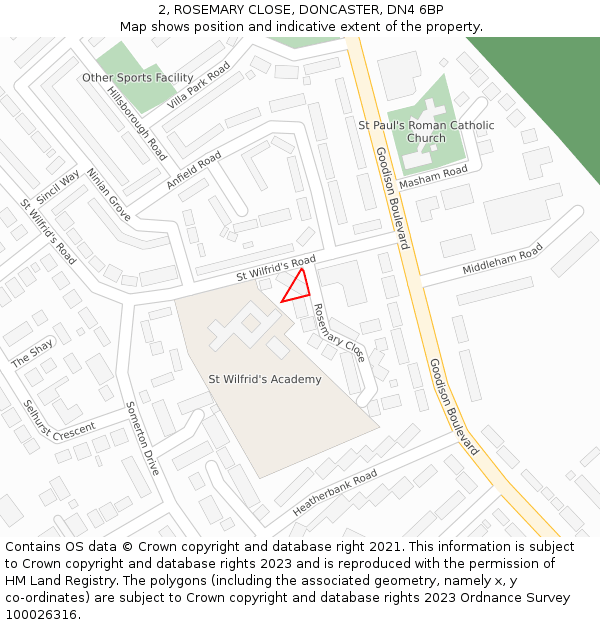 2, ROSEMARY CLOSE, DONCASTER, DN4 6BP: Location map and indicative extent of plot