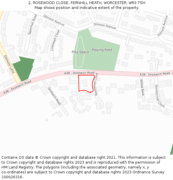 2, ROSEWOOD CLOSE, FERNHILL HEATH, WORCESTER, WR3 7SH: Location map and indicative extent of plot
