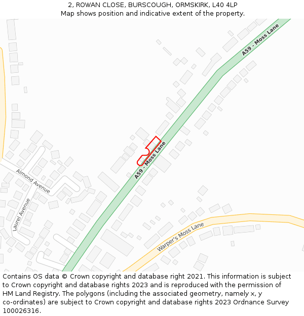 2, ROWAN CLOSE, BURSCOUGH, ORMSKIRK, L40 4LP: Location map and indicative extent of plot