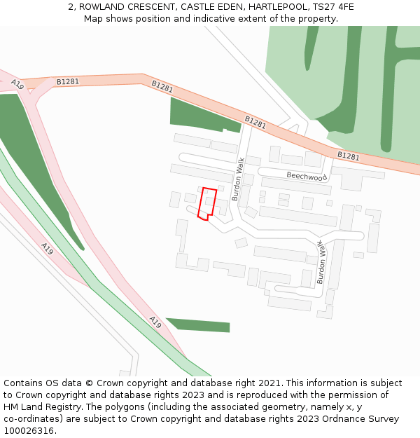 2, ROWLAND CRESCENT, CASTLE EDEN, HARTLEPOOL, TS27 4FE: Location map and indicative extent of plot