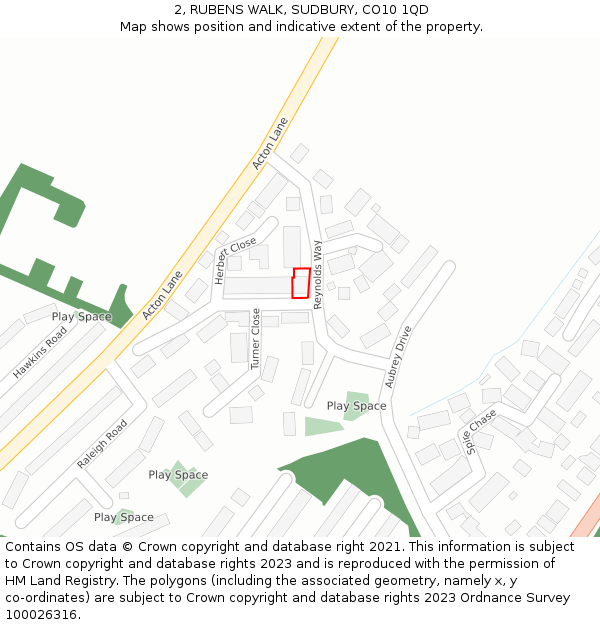 2, RUBENS WALK, SUDBURY, CO10 1QD: Location map and indicative extent of plot