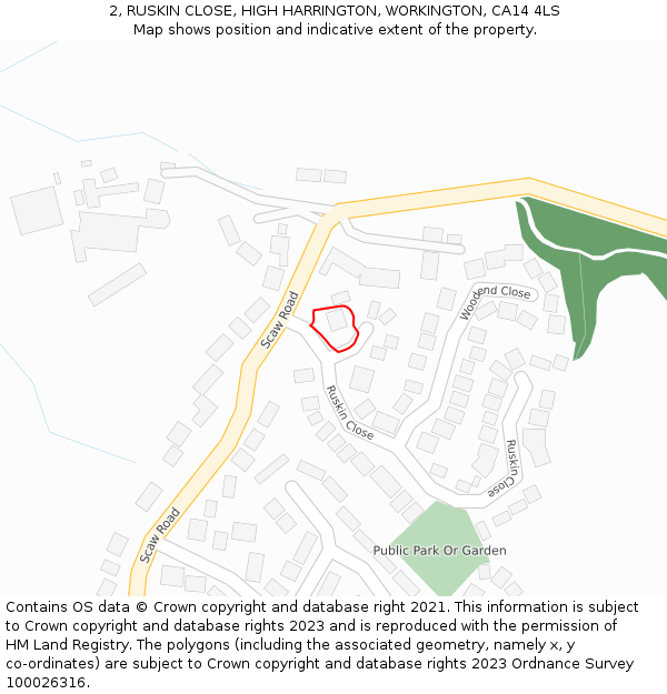 2, RUSKIN CLOSE, HIGH HARRINGTON, WORKINGTON, CA14 4LS: Location map and indicative extent of plot