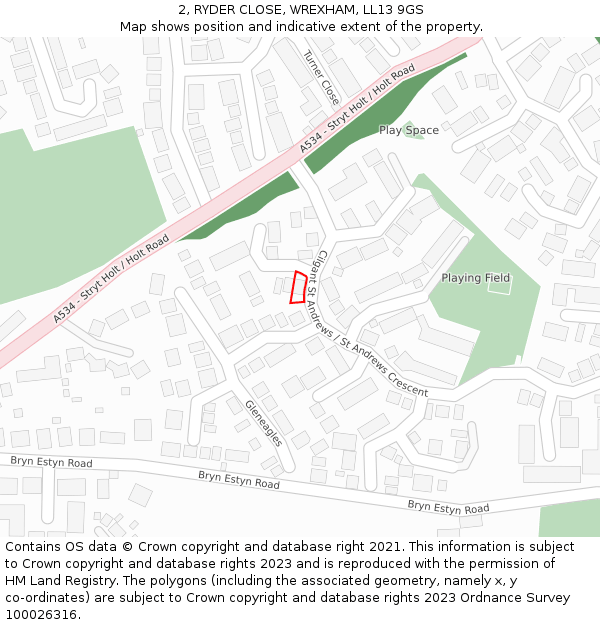 2, RYDER CLOSE, WREXHAM, LL13 9GS: Location map and indicative extent of plot