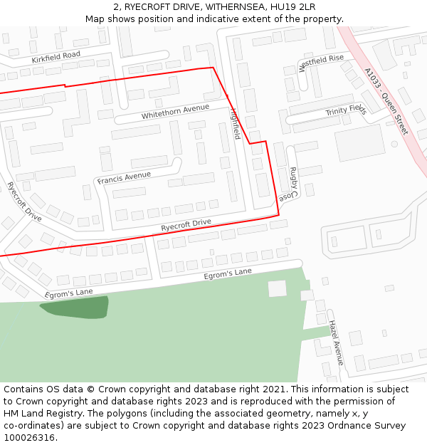 2, RYECROFT DRIVE, WITHERNSEA, HU19 2LR: Location map and indicative extent of plot