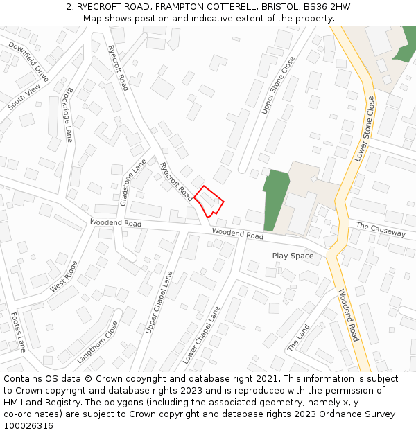 2, RYECROFT ROAD, FRAMPTON COTTERELL, BRISTOL, BS36 2HW: Location map and indicative extent of plot