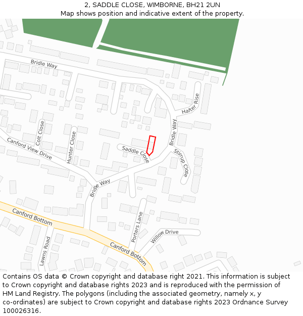 2, SADDLE CLOSE, WIMBORNE, BH21 2UN: Location map and indicative extent of plot