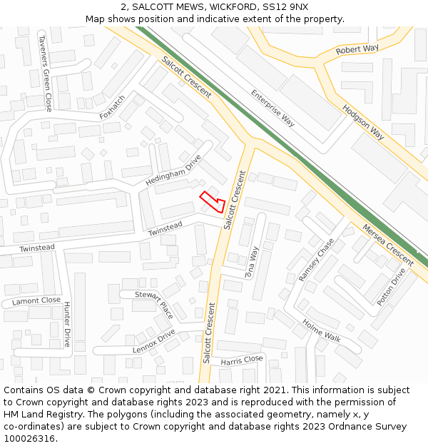 2, SALCOTT MEWS, WICKFORD, SS12 9NX: Location map and indicative extent of plot