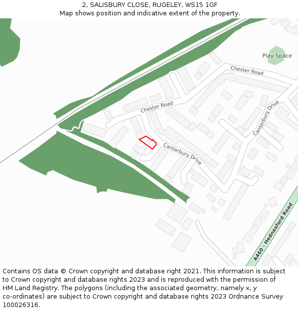 2, SALISBURY CLOSE, RUGELEY, WS15 1GF: Location map and indicative extent of plot