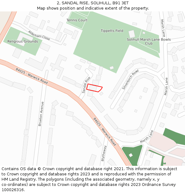 2, SANDAL RISE, SOLIHULL, B91 3ET: Location map and indicative extent of plot