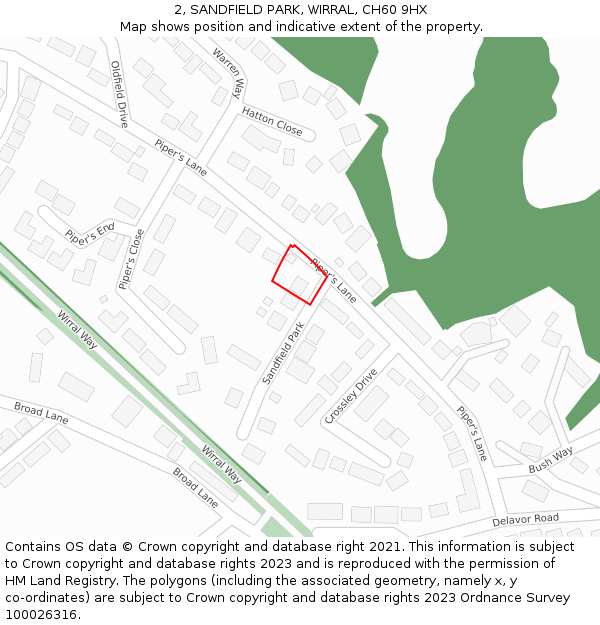 2, SANDFIELD PARK, WIRRAL, CH60 9HX: Location map and indicative extent of plot