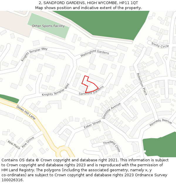 2, SANDFORD GARDENS, HIGH WYCOMBE, HP11 1QT: Location map and indicative extent of plot