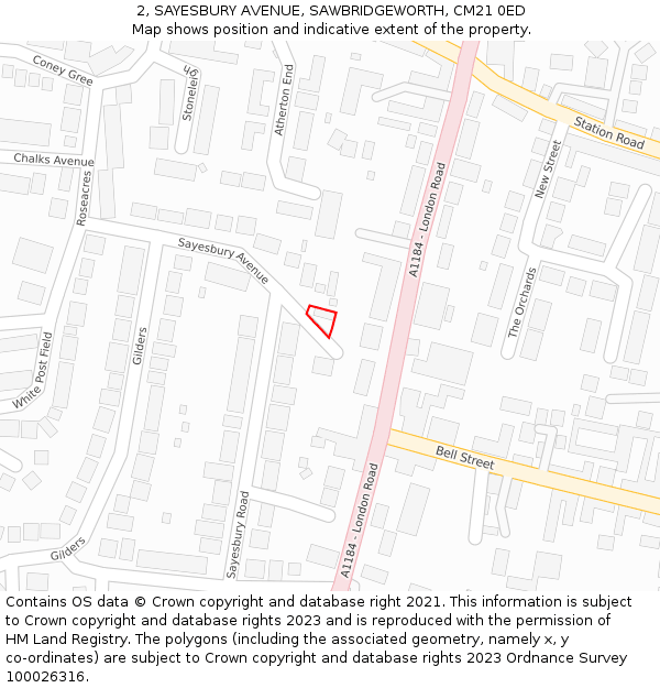 2, SAYESBURY AVENUE, SAWBRIDGEWORTH, CM21 0ED: Location map and indicative extent of plot