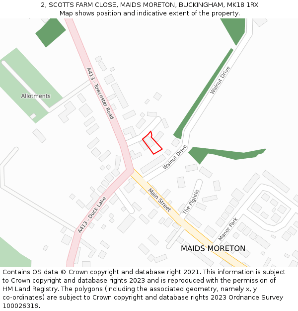 2, SCOTTS FARM CLOSE, MAIDS MORETON, BUCKINGHAM, MK18 1RX: Location map and indicative extent of plot