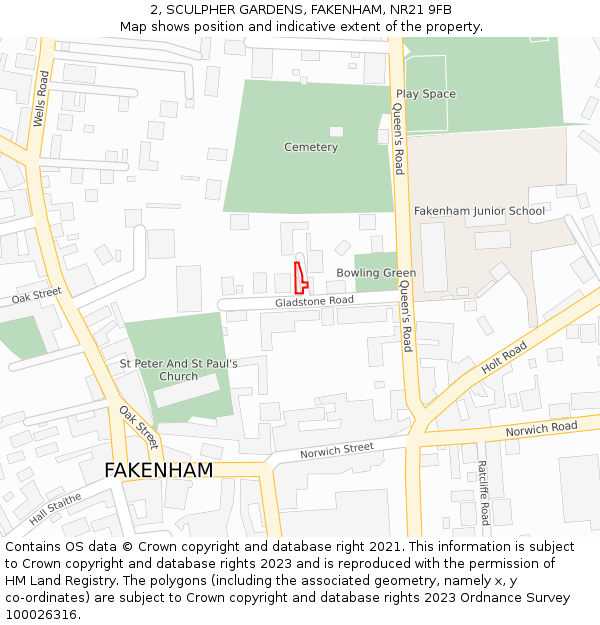 2, SCULPHER GARDENS, FAKENHAM, NR21 9FB: Location map and indicative extent of plot