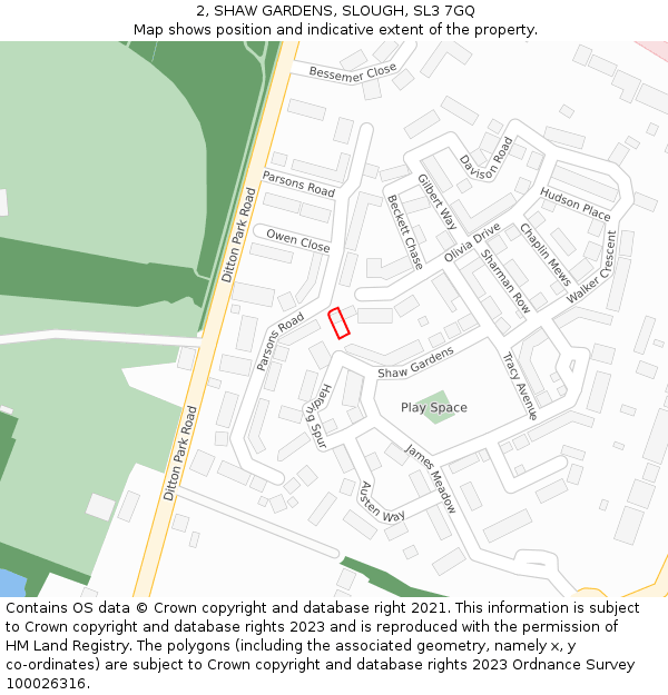 2, SHAW GARDENS, SLOUGH, SL3 7GQ: Location map and indicative extent of plot