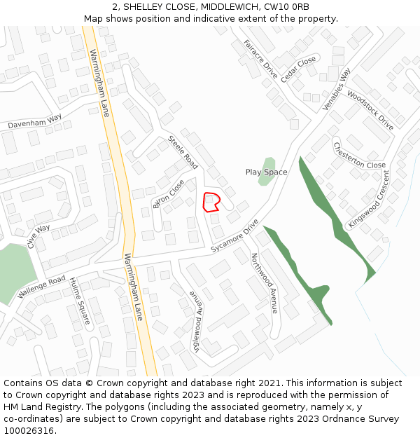 2, SHELLEY CLOSE, MIDDLEWICH, CW10 0RB: Location map and indicative extent of plot