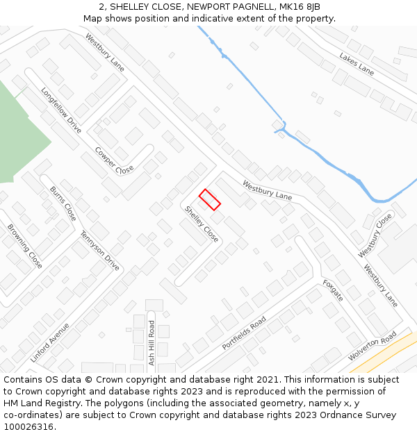 2, SHELLEY CLOSE, NEWPORT PAGNELL, MK16 8JB: Location map and indicative extent of plot