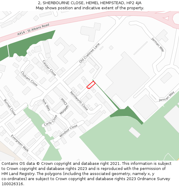 2, SHERBOURNE CLOSE, HEMEL HEMPSTEAD, HP2 4JA: Location map and indicative extent of plot