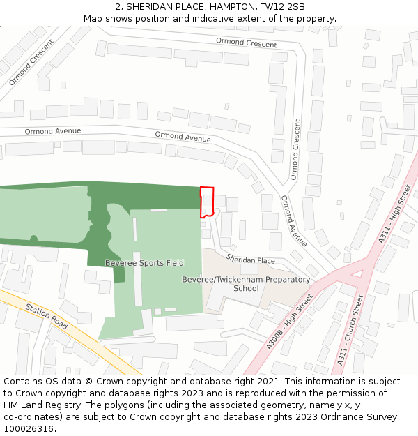 2, SHERIDAN PLACE, HAMPTON, TW12 2SB: Location map and indicative extent of plot