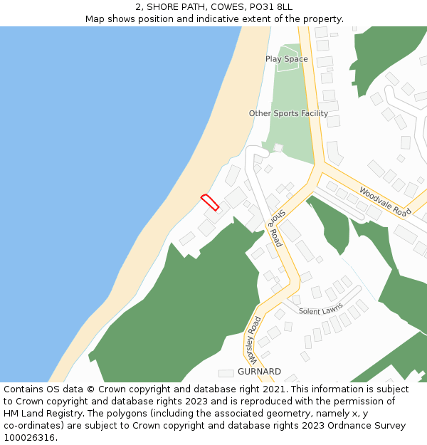 2, SHORE PATH, COWES, PO31 8LL: Location map and indicative extent of plot
