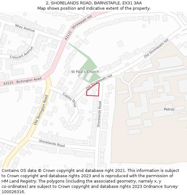 2, SHORELANDS ROAD, BARNSTAPLE, EX31 3AA: Location map and indicative extent of plot