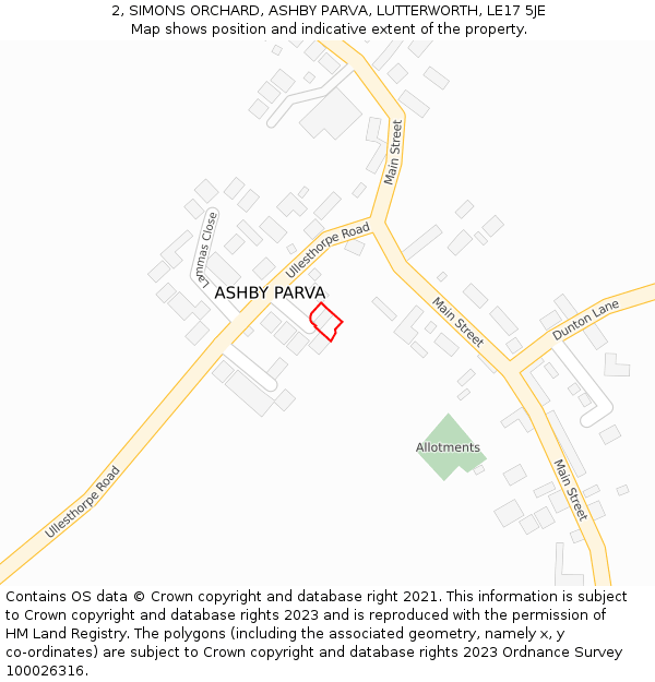 2, SIMONS ORCHARD, ASHBY PARVA, LUTTERWORTH, LE17 5JE: Location map and indicative extent of plot