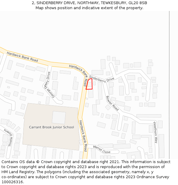 2, SINDERBERRY DRIVE, NORTHWAY, TEWKESBURY, GL20 8SB: Location map and indicative extent of plot