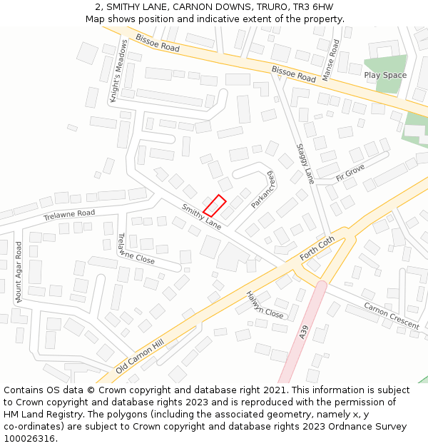 2, SMITHY LANE, CARNON DOWNS, TRURO, TR3 6HW: Location map and indicative extent of plot