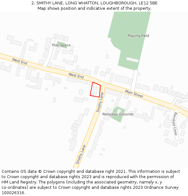 2, SMITHY LANE, LONG WHATTON, LOUGHBOROUGH, LE12 5BE: Location map and indicative extent of plot