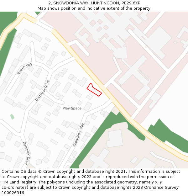 2, SNOWDONIA WAY, HUNTINGDON, PE29 6XP: Location map and indicative extent of plot