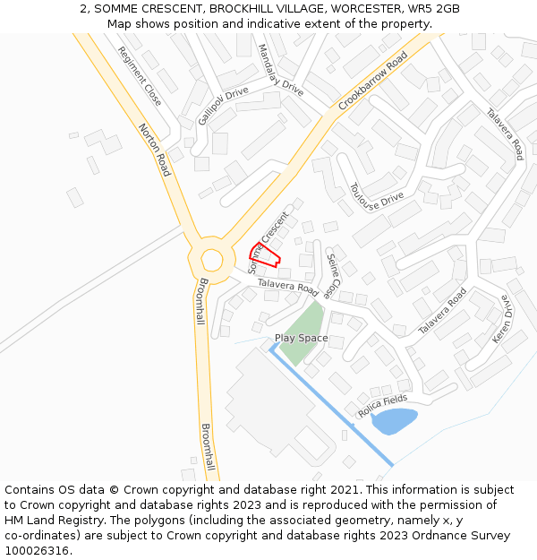 2, SOMME CRESCENT, BROCKHILL VILLAGE, WORCESTER, WR5 2GB: Location map and indicative extent of plot