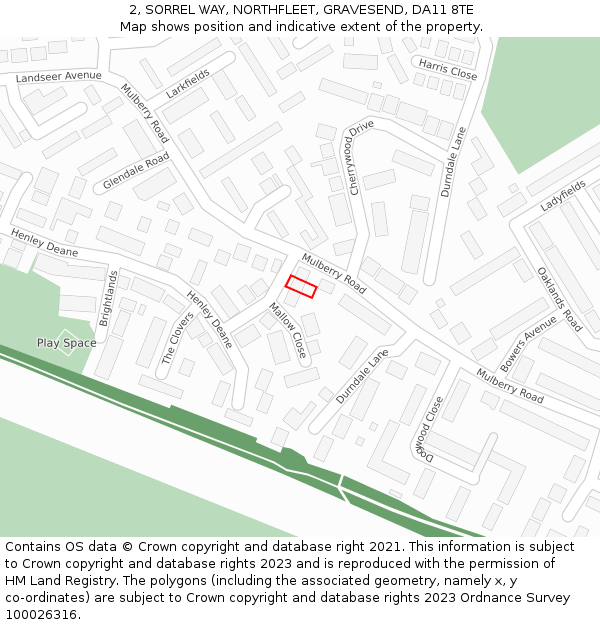 2, SORREL WAY, NORTHFLEET, GRAVESEND, DA11 8TE: Location map and indicative extent of plot