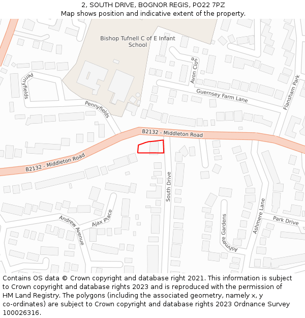 2, SOUTH DRIVE, BOGNOR REGIS, PO22 7PZ: Location map and indicative extent of plot