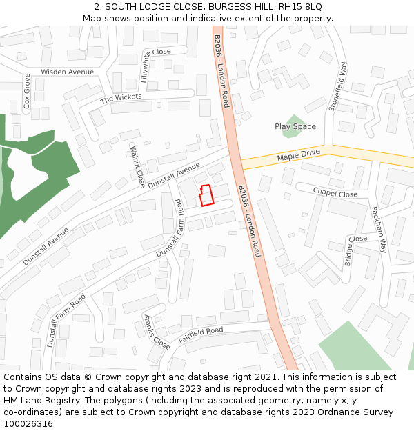 2, SOUTH LODGE CLOSE, BURGESS HILL, RH15 8LQ: Location map and indicative extent of plot