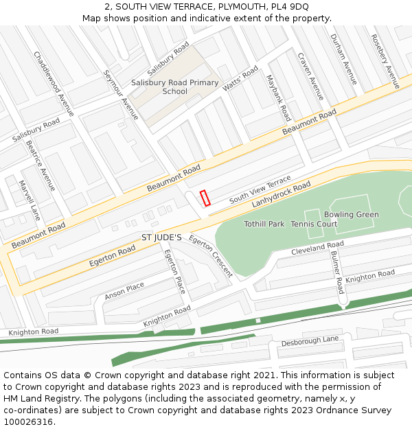 2, SOUTH VIEW TERRACE, PLYMOUTH, PL4 9DQ: Location map and indicative extent of plot