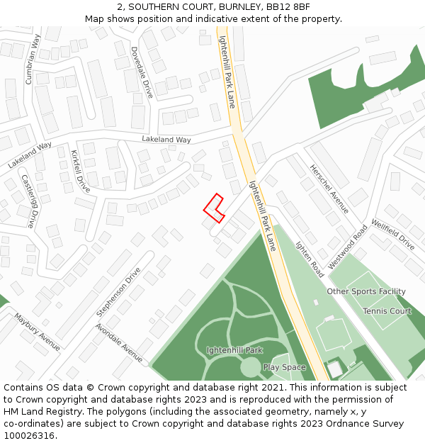 2, SOUTHERN COURT, BURNLEY, BB12 8BF: Location map and indicative extent of plot
