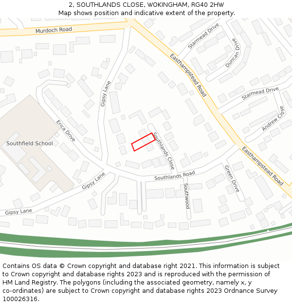 2, SOUTHLANDS CLOSE, WOKINGHAM, RG40 2HW: Location map and indicative extent of plot