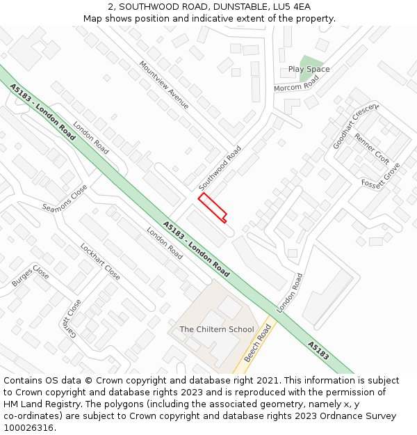 2, SOUTHWOOD ROAD, DUNSTABLE, LU5 4EA: Location map and indicative extent of plot