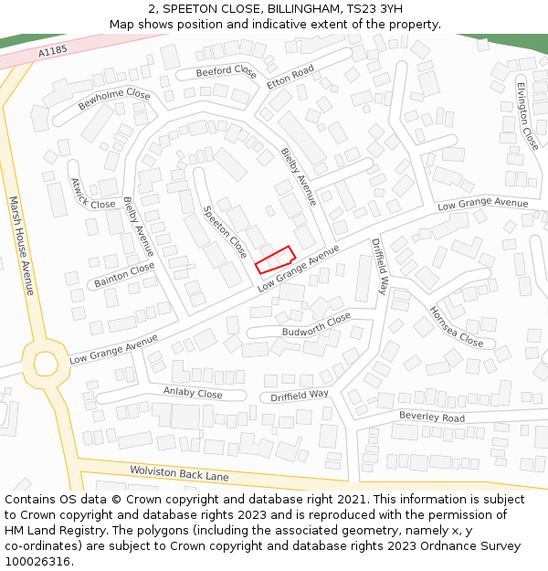 2, SPEETON CLOSE, BILLINGHAM, TS23 3YH: Location map and indicative extent of plot