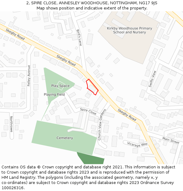 2, SPIRE CLOSE, ANNESLEY WOODHOUSE, NOTTINGHAM, NG17 9JS: Location map and indicative extent of plot