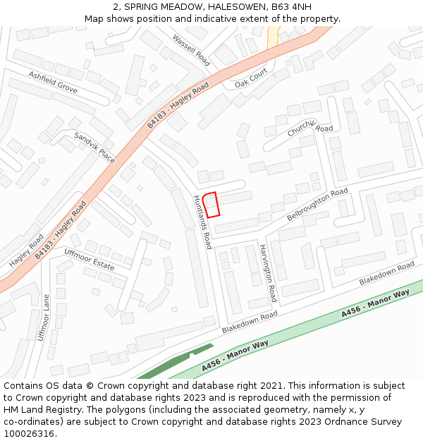 2, SPRING MEADOW, HALESOWEN, B63 4NH: Location map and indicative extent of plot