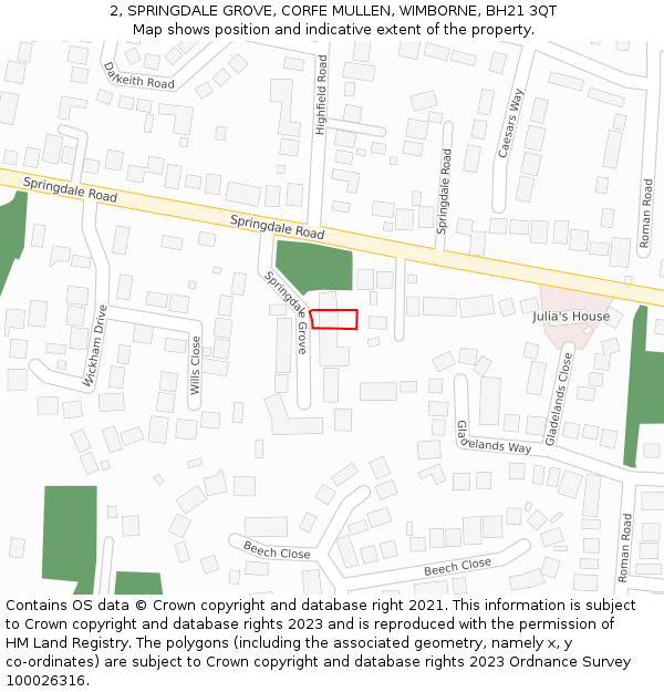 2, SPRINGDALE GROVE, CORFE MULLEN, WIMBORNE, BH21 3QT: Location map and indicative extent of plot