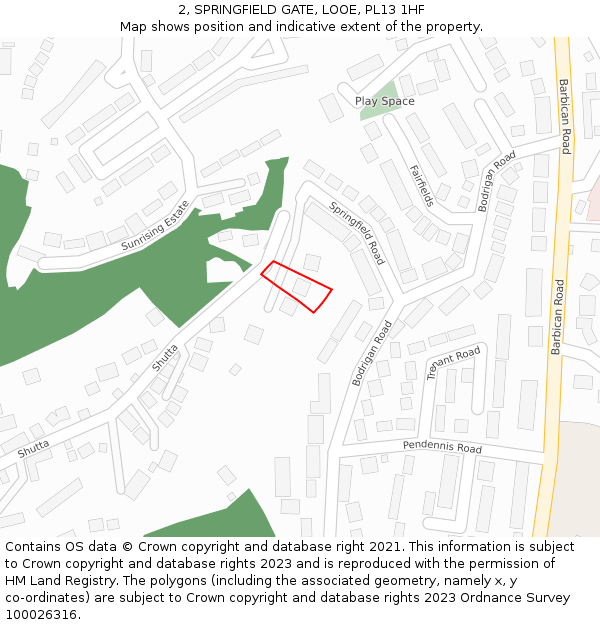 2, SPRINGFIELD GATE, LOOE, PL13 1HF: Location map and indicative extent of plot