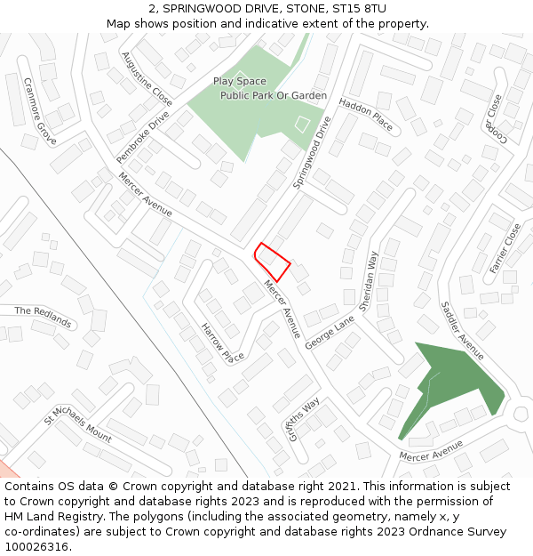 2, SPRINGWOOD DRIVE, STONE, ST15 8TU: Location map and indicative extent of plot