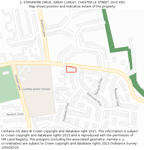 2, STAINMORE DRIVE, GREAT LUMLEY, CHESTER LE STREET, DH3 4SH: Location map and indicative extent of plot